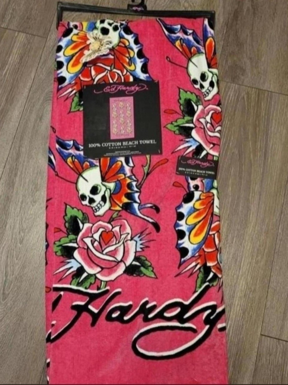 Ed Hardy Hot Pink Skull & Rose Tattoo Beach Towel